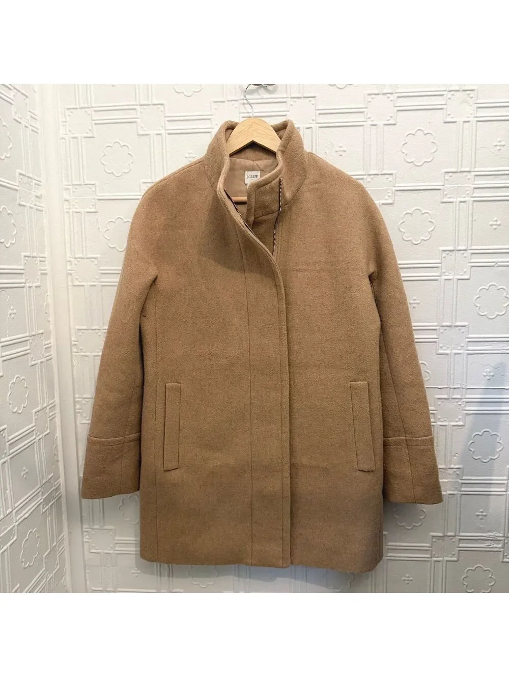 J.Crew Italian Stadium Cloth Wool Lodge Coat Camel Tan Zip Up Jacket - Size 8